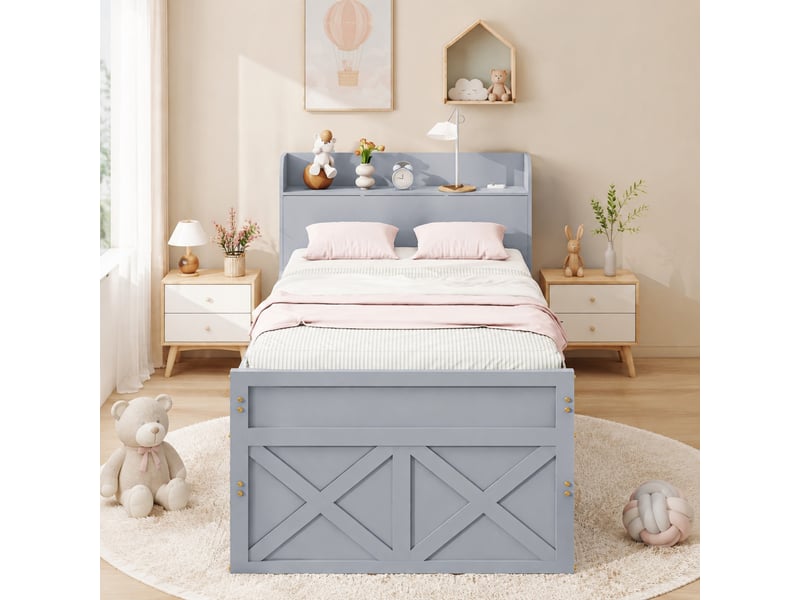 Lit gigogne 190×90 cm avec 2 tiroirs, table de chevet avec rangement et port usb, sans matelas, en bois massif gris - Conforama B
