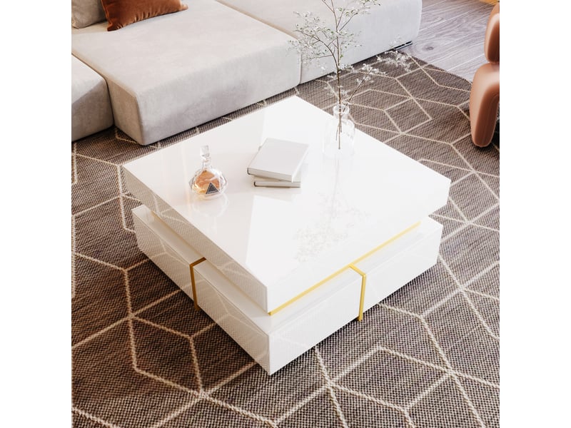  Table basse carrée 70x70x35.5cm laquée blanche haute brillance avec 2 tiroirs | liseré et poignées dorés | charge 60kg - blanc  - Conforama C
