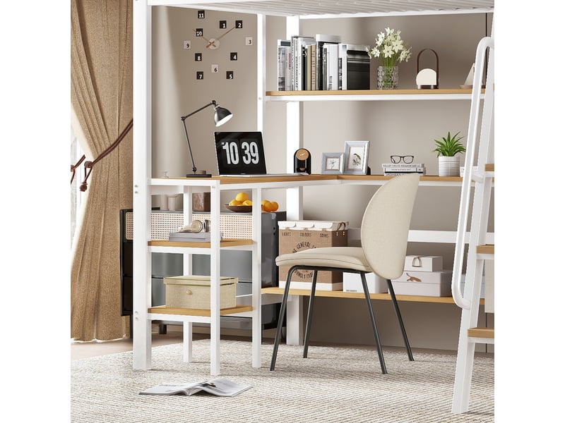  Lit mezzanine enfant 200×90 cm avec bureau, étagère et 2 boîtes de rangement, sans matelas, blanc et naturel  - Conforama C
