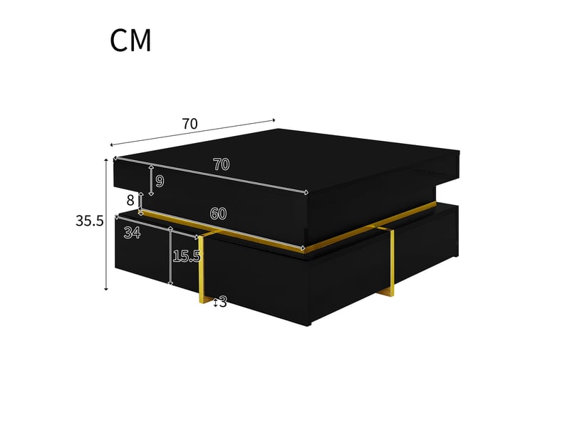  Table basse 70x70x35,5 cm avec 2 tiroirs, rangement sur deux côtés, finition brillante, panneaux de particules, noir et doré ABC - Conforama C