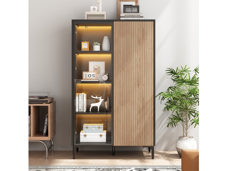  Vitrine avec 2 portes, 8 niches, éclairage led rgb, en mdf noir et bois naturel pour salon, 90 × 40 × 135 cm  - Conforama C