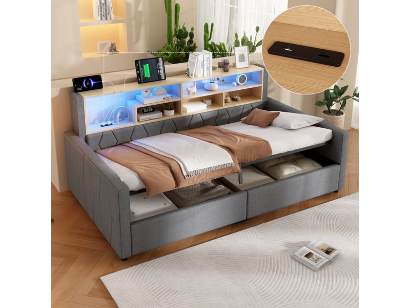  Lit coffre 90x200 cm, rangement hydraulique, tête de lit avec led, usb-a et usb-c, sommier à lattes, lin, gris OMNIGLINT TRADING LTD - Conforama E