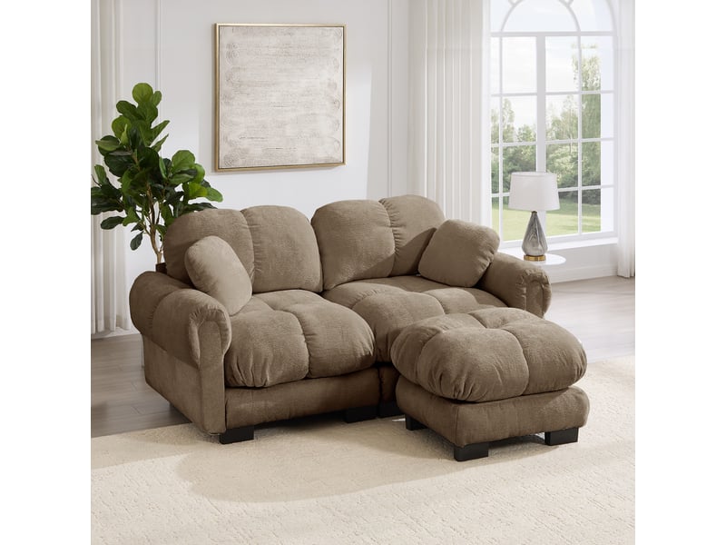  Canapé d'angle, canapé modulable – coussins inclus, marron, en chenille, 2 places, pouf amovible  - Conforama C