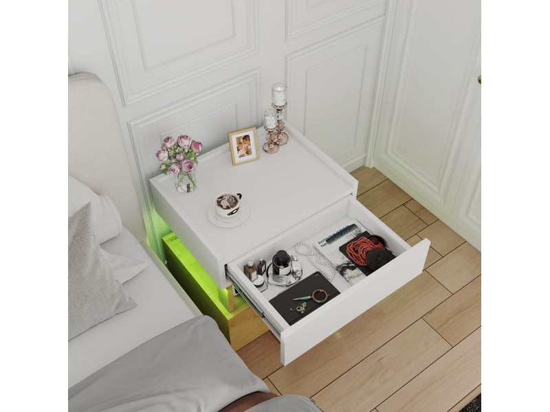  Table de chevet led avec charge sans fil, 2 tiroirs et rangement double niveau, pour chambre, bois naturel, 50 × 40 × 50 cm  - Conforama B
