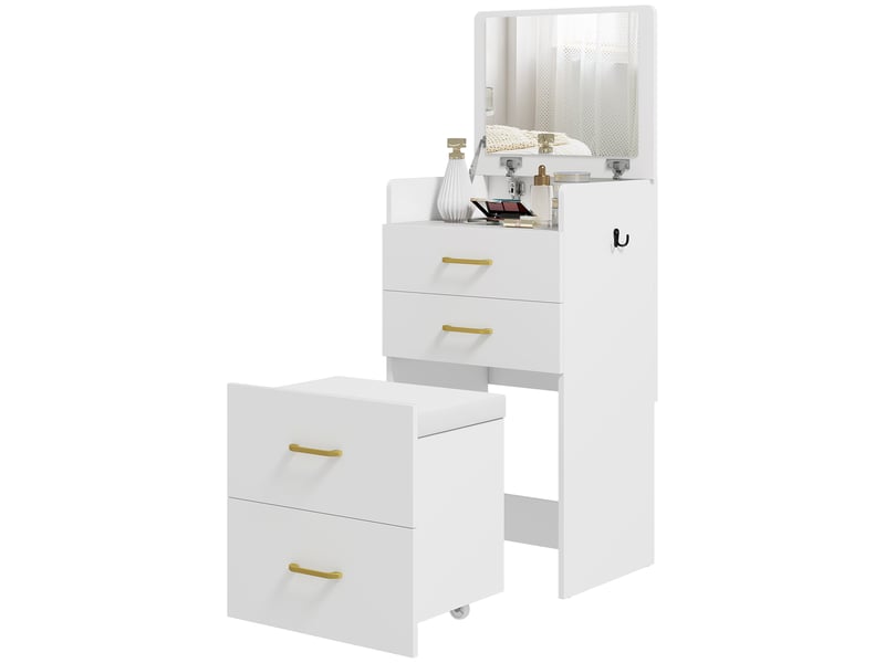  Coiffeuse 3 en 1 avec miroir, table de chevet, tabouret à roulettes et tiroirs, blanche  - Conforama A