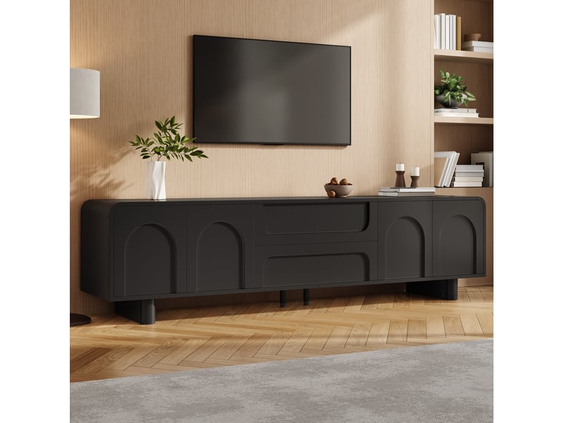  Meuble tv noir en mdf et panneaux de particules avec 4 portes et 2 tiroirs - 180 x 40 x 46 cm  - Conforama C