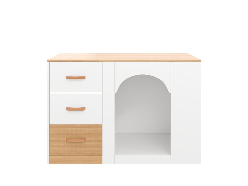 Îlot de cuisine avec espace, îlot central blanc et aspect bois, 3 tiroirs, 120x60x90 cm - Conforama R