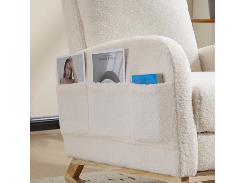  Fauteuil à bascule avec repose-pieds, dossier haut ergonomique et poche latérale en tissu teddy blanc  - Conforama B