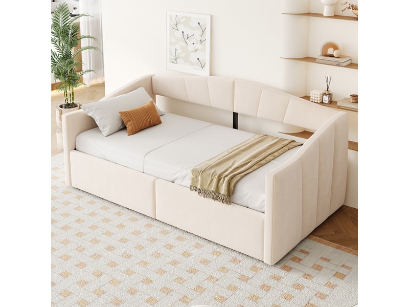  Lit banquette 90 x 200 cm beige en velours rayé avec coffre hydraulique, accoudoirs, dossier rembourré, sommier à lattes, gain de place  - Conforama B