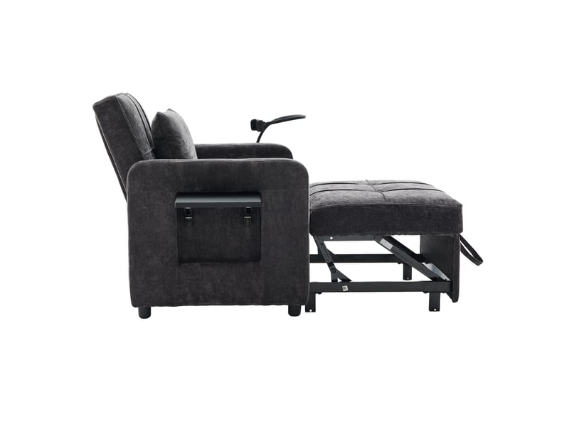  Fauteuil-lit 2-en-1 gris en chenille avec coussin, tablette et rangements  - Conforama E