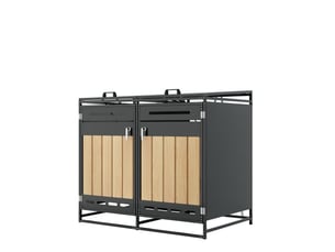 Coffre à poubelles extérieur deux compartiments - couvercle hydraulique, revêtement vertical imitation bois, ventilation perforée, armoire en fer verrouillable