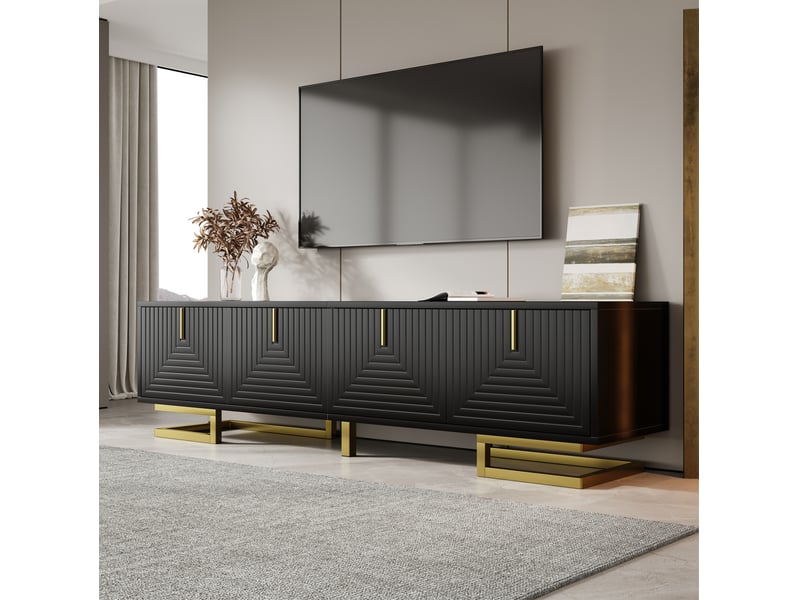  Meuble tv 160 cm noir à 4 portes texturées avec poignées et pieds dorés  - Conforama E