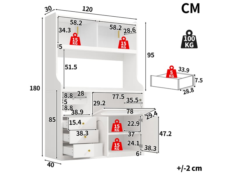 Meuble haut de cuisine 120 cm avec éclairage rgb, portes vitrées coulissantes, casier à bouteilles, 3 tiroirs, blanc  - Conforama C