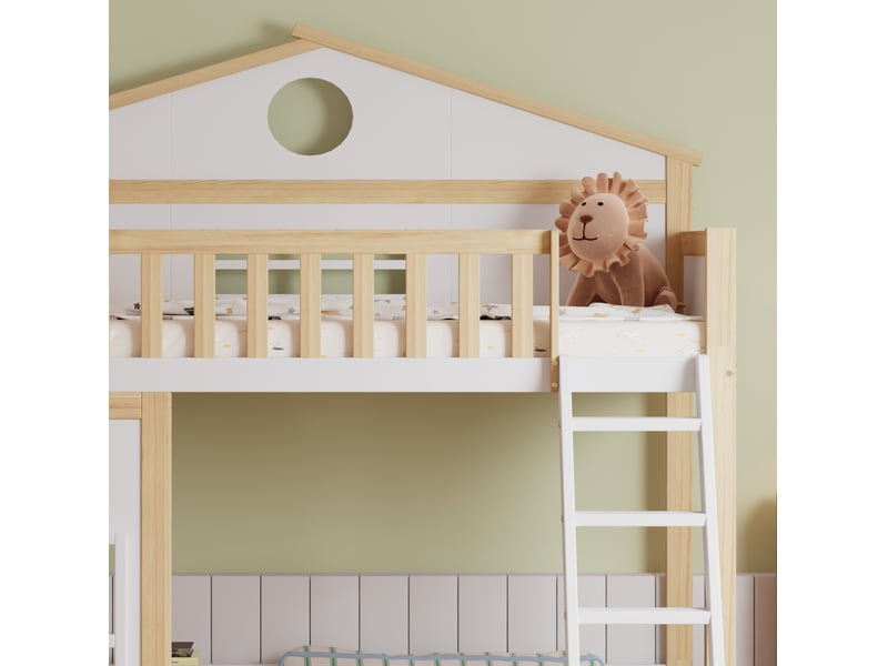  Lit superposé enfant 90x200 cm avec escalier et barrières bois et mdf blanc et naturel sans matelas  - Conforama D