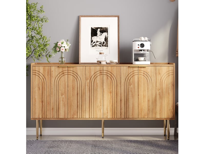  Buffet de rangement 140x38x75 cm, avec portes, pieds métal doré, mdf finition bois naturel, salon, élégant, rangement  - Conforama D