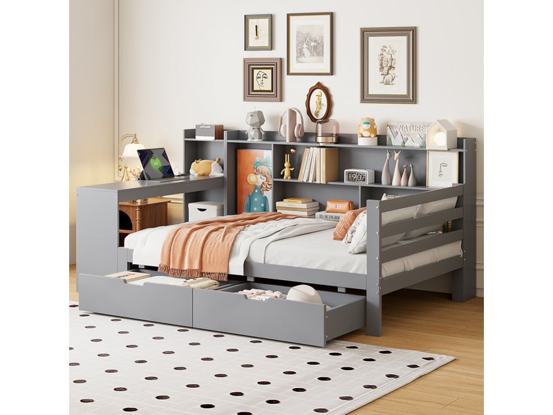  Lit avec rangement 90x200cm coloris gris bois massif lit enfant gris - Conforama E