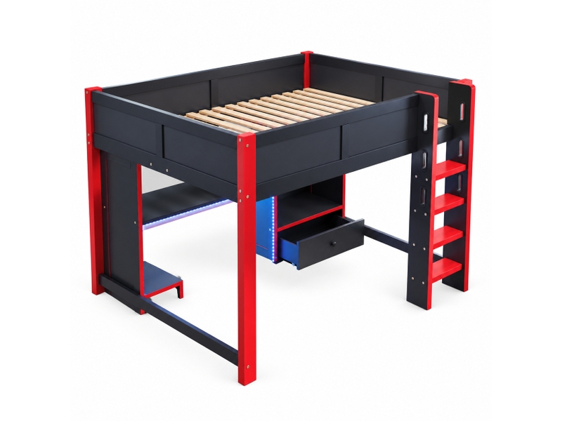 Lit mezzanine gamer 140x200 cm avec bureau, armoire, tiroirs et étagères, structure en pin, noir et rouge - Conforama W