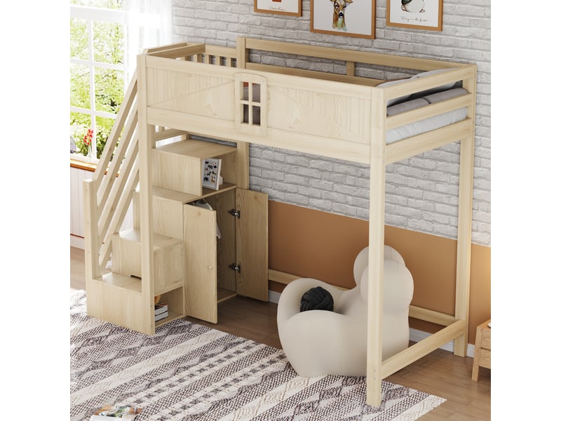  Lit mezzanine enfant 90x200 cm, barrière avec fenêtre, échelle réversible avec rangement latéral, pin, contreplaqué et mdf, effet bois OMNIGLINT TRADING LTD - Conforama D