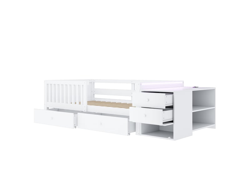  Lit enfant 90 x 200 cm avec espace de rangement séparé, fonction bureau, prise électrique, éclairage led, double tiroir, étagères et barrière de sécurité semi-ouverte, blanc  - Conforama E