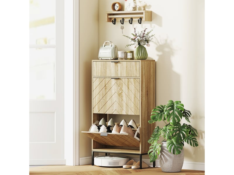  Meuble à chaussures 8 paires avec tiroir coulissant, 2 tiroirs rabattables, étagères réglables, 60x24x105,5cm, chêne  - Conforama C