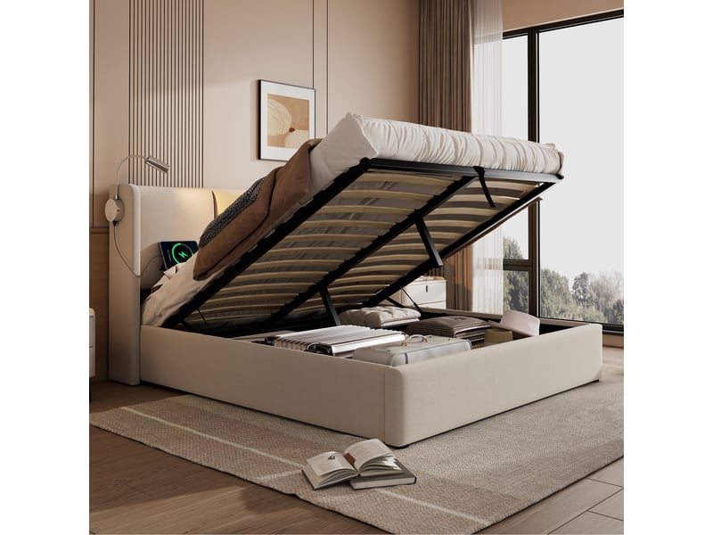  Lit coffre 180x200 cm, lit double, rangement hydraulique, led, port usb, lin beige  - Conforama E