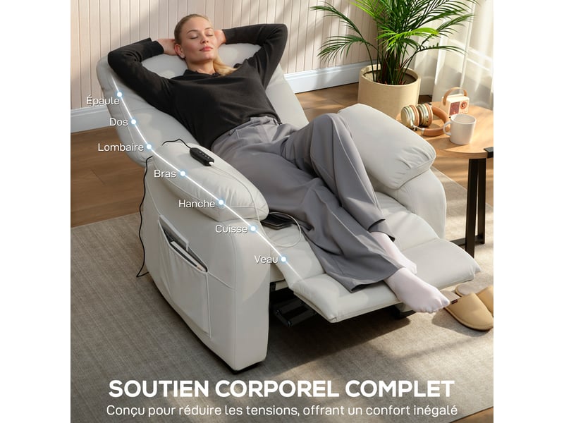  Fauteuil relax électrique fauteuil inclinable port usb repose-pieds poches latérales télécommande 96x90x103cm crème  - Conforama R
