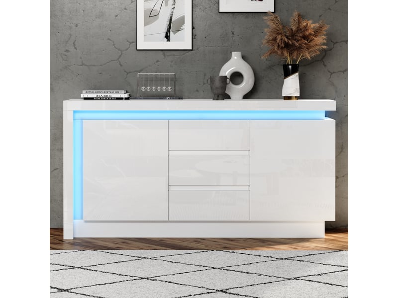  Buffet blanc mat à quatre portes avec poignées et pieds en métal doré, 160 x 35 x 100 cm  - Conforama E