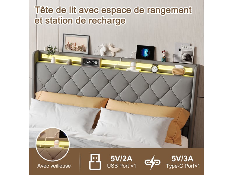  Lit coffre 160x200 cm, tête de lit led, coloris gris  - Conforama E