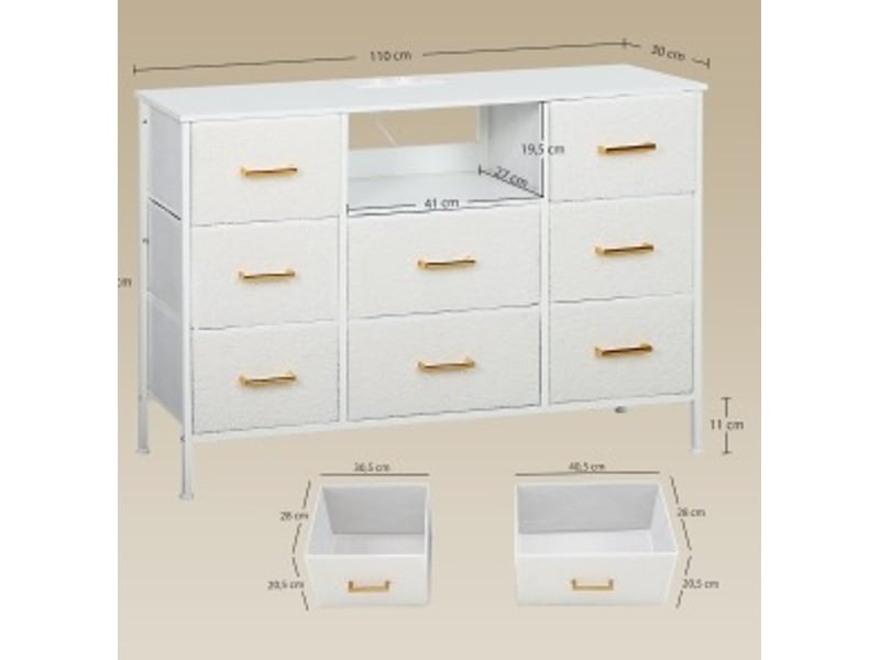  Commode de rangement 110x30x76 cm – blanc crème – 8 tiroirs en tissu, prises intégrées et cadre en acier  - Conforama C