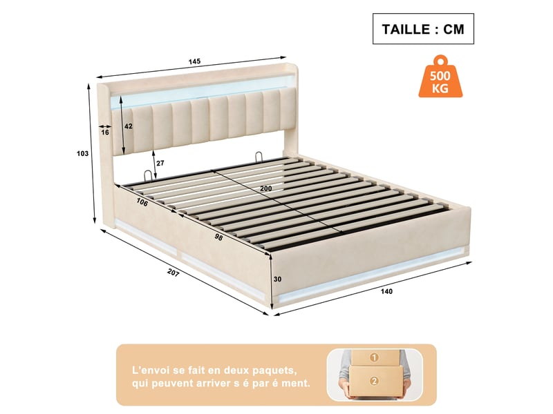  Lit coffre 140x200 cm avec éclairage led et port usb, lit adulte  avec tête de lit avec rangement, lits 2 personnes, velours, beige  - Conforama C