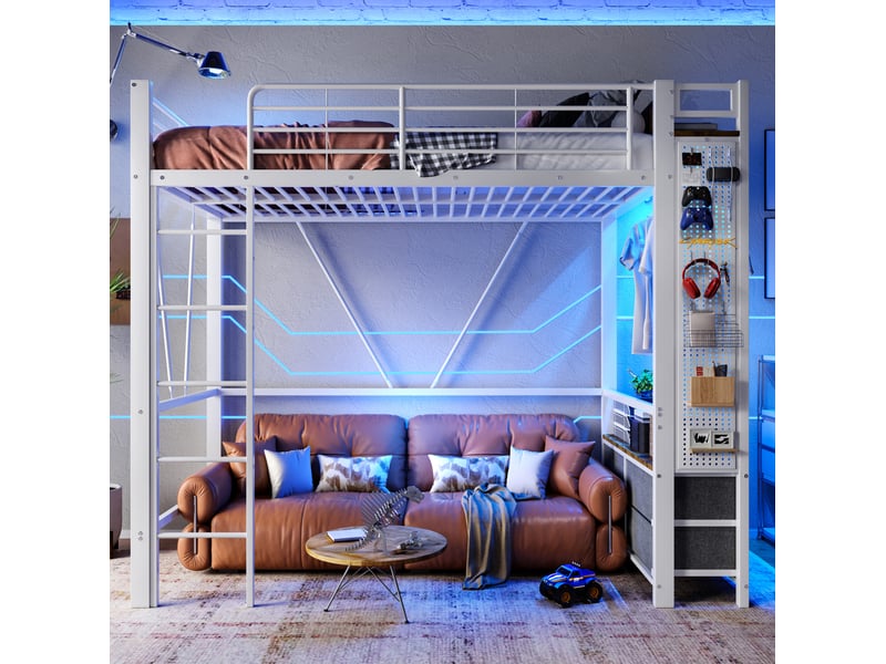 Lit mezzanine 90x200 cm 4 tiroirs barre panneau perforé led multicolore prise usb et usb-c métal mdf blanc sans matelas  - Conforama B