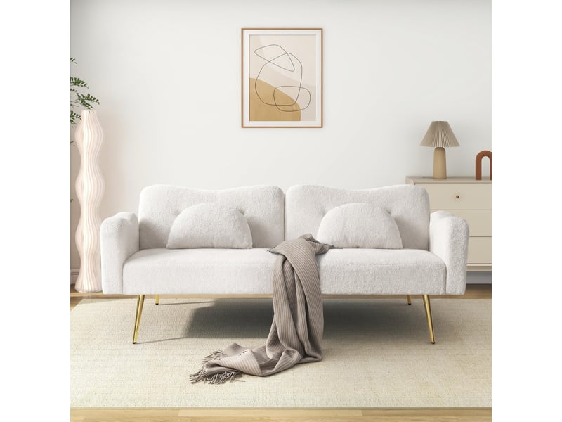  Canapé 2 places - 175x79x82cm - canapé droit convertible lit  bouclette dossier réglable 3 niveaux pieds dorés - blanc  - Conforama B