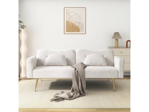 Canapé 2 places - 175x79x82cm - canapé droit convertible lit  bouclette dossier réglable 3 niveaux pieds dorés - blanc