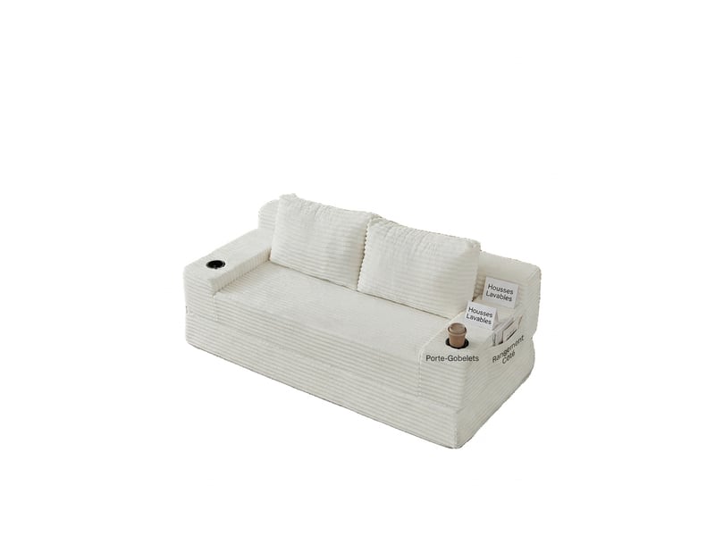  Canapé lit 2 en 1 convertible velours côtelé 2 places beige  - Conforama A