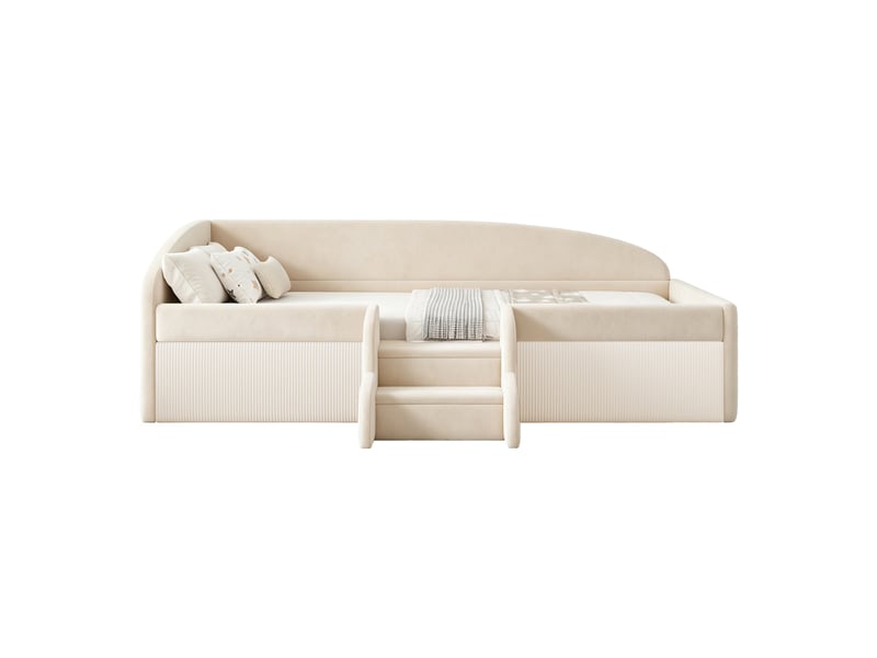 Lit enfant 90x190 cm - lit simple avec barrières et marches, lit 1 place rembourré en velours - beige - Conforama A