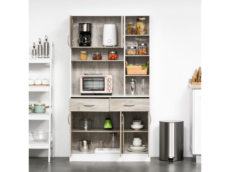  Buffet de cuisine, portes de tiroirs et compartiments ouverts, 100 cm (l) x 39 cm (p) x 181,5 cm (h), blanc et bois  - Conforama C