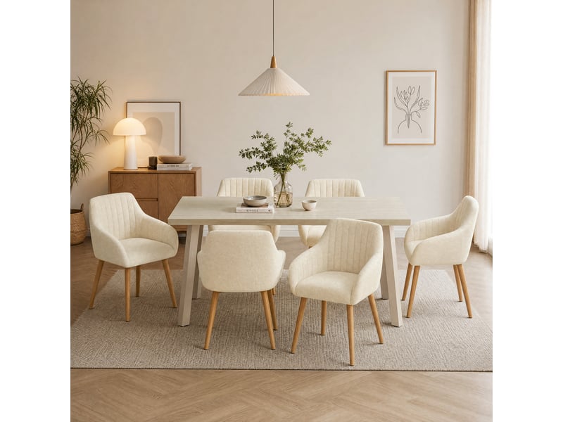 Ensemble table et 6 chaises - table rectangulaire 160x80 cm monobloc en travertin et pieds métal, 6 chaises en chenille crème et pieds bois - Conforama B