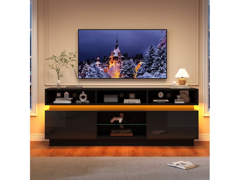  Meuble tv noir avec led, 10 espaces de rangement, mdf et verre, 160 x 35 x 60 cm  - Conforama D