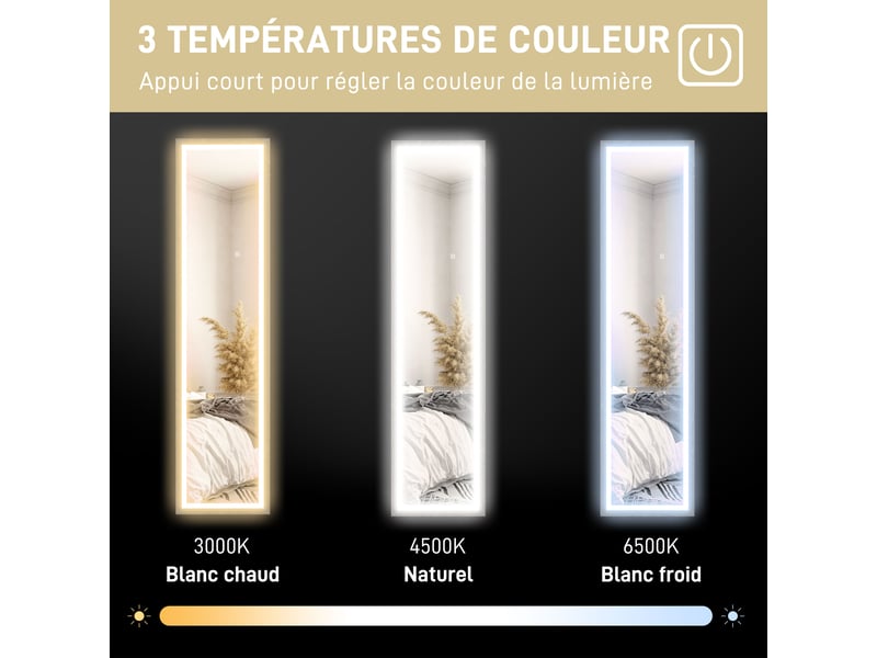  Grand miroir pleine longueur, miroir mural ou sur pied rectangulaire, gris, 40 x 160 cm avec éclairage led 3 couleurs  - Conforama R