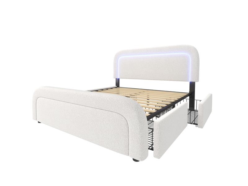  Lit double 160x200 cm blanc sherpa, led, usb et type-c, 4 tiroirs, tête de lit réglable, avec matelas  - Conforama D
