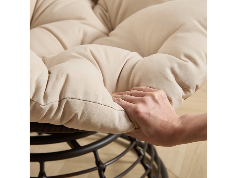  Fauteuil papasan pivotant 360° marron et beige 92x67 cm, acier et rotin pe, coussin rembourré confortable pour salon et coin lecture  - Conforama E