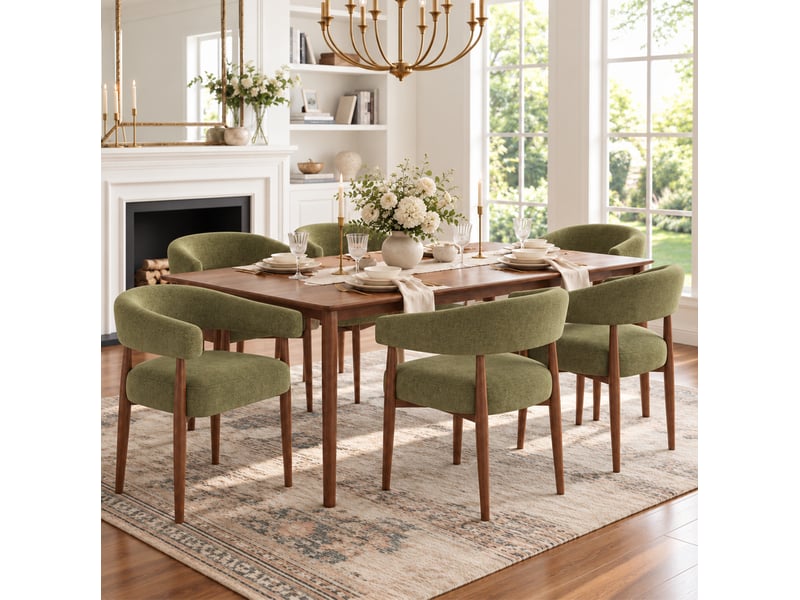  Lot de 6 chaises de salle à manger 60x59x75 cm, accoudoirs, assise 25d, métal aspect noyer, chenille vert olive  - Conforama B