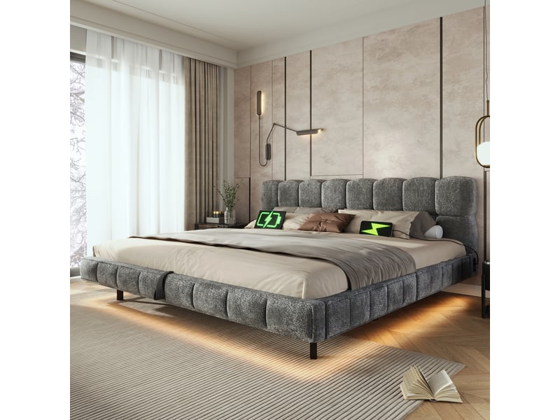  Lit 2 places rembourré 180x200cm en apesanteur, design bulle nuage, lit coffre avec hydraulique, led, usb &amp; type-c, chenille gris  - Conforama C