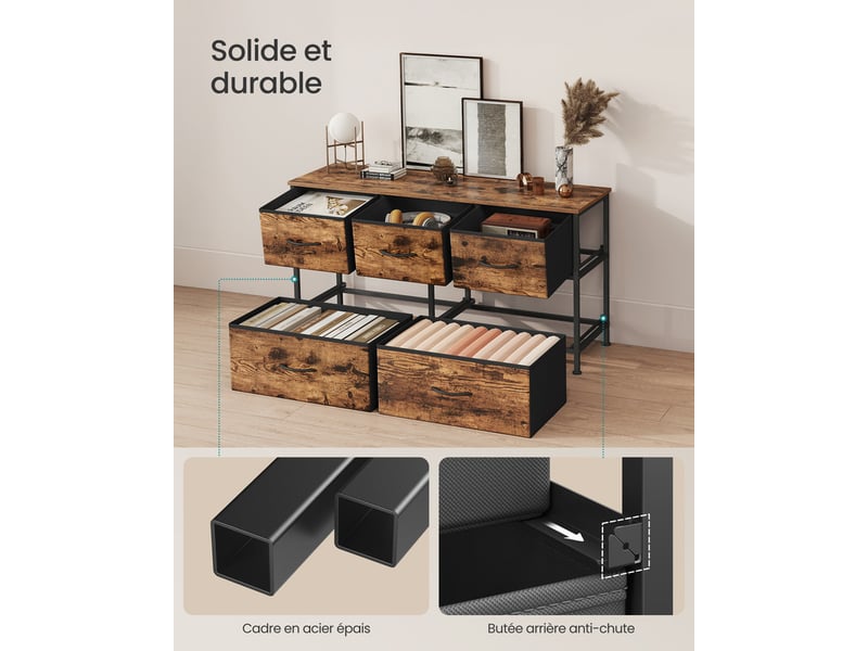 Commode à 5 tiroirs de rangement pour chambre à coucher, meuble de rangement, acier, mdf, tissu non tissé, pour chambre à coucher, placard, couloir, salon, marron rustique et noir encre  - Conforama F