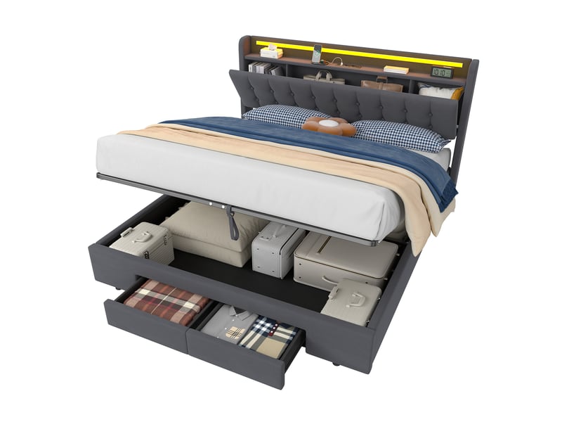  Lit rembourré 180x200 avec led, usb et 2 tiroirs de rangement cravdom  - Conforama A