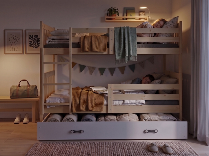  Lit superposé séparable 90x200 cm kacper interbeds - bois massif de pin avec barrière, sommier et tiroir – pin naturel  - Conforama D
