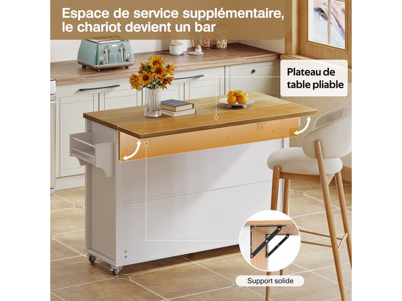 Îlot de cuisine 140x43x90,5 cm, desserte extensible avec tiroirs, portes, étagère et porte-serviettes, mdf, blanc et naturel - Conforama R