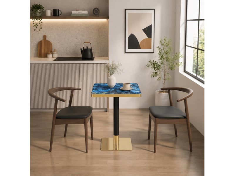  Table de salle à manger carrée pour 2 à 4 personnes, effet marbre, piètement en métal bleu, 60 × 60 × 74 cm  - Conforama C