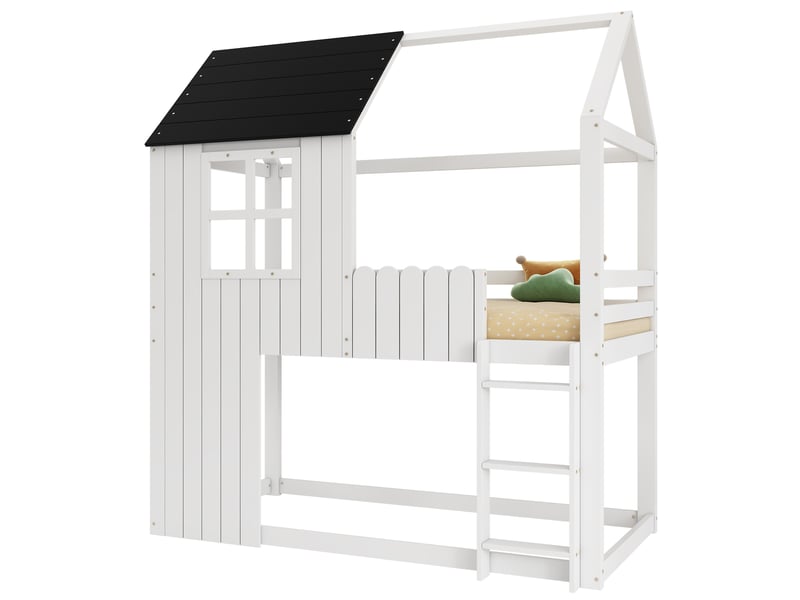  Lit mezzanine enfant 90x200cm blanc et noir, maison, fenêtres, escalier 3 marches et barrières  - Conforama A