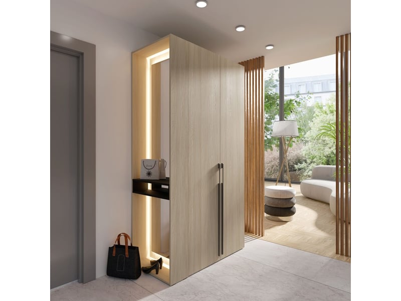  Armoire design soria 204 cm chêne et noir avec miroir led, niche et étagères – 2 portes battantes  - Conforama B
